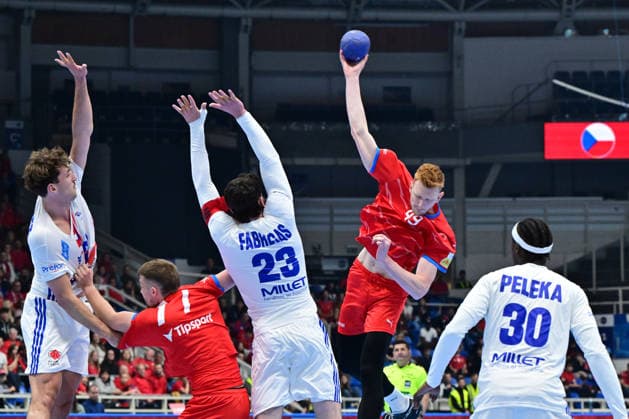 L-R Thibaud Briet (FRA), Daniel Reznicky (CZE), Ludovic Fabregas (FRA), Daniel Blaha (CZE) and Wallem-Konrad Peleka (FRA) in action during the World Handball Championship qualification playoff men s match: Czechia vs France in Brno, Czech Republic, May 13, 2026. (CTKxPhoto VaclavxSalek) CTKPhotoP2026051309109  CTKPhotoP2026051309109