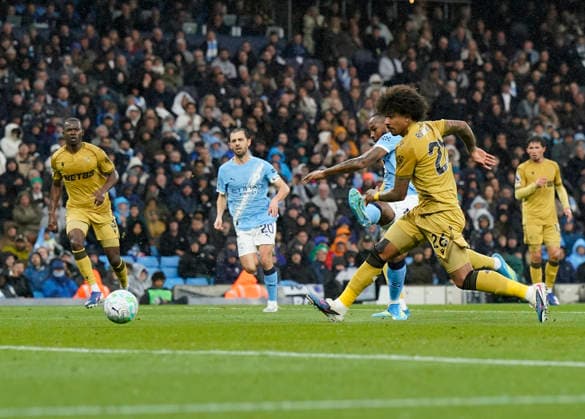 Manchester, England, 13th May 2026. Antoine Semenyo of Manchester City scores the first goal during the Manchester City vs Crystal Palace Premier League match at the Etihad Stadium, Manchester. Picture credit should read: Andrew Yates Sportimage EDITORIAL USE ONLY. No use with unauthorised audio, video, data, fixture lists, club league logos or live services. Online in-match use limited to 120 images, no video emulation. No use in betting, games or single club league player publications. SPI_024_AY_Man_City_Palace SPI-4799-0024