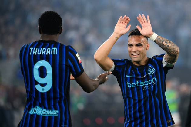 Marcus Thuram of FC Internazionale celebrates with Lautaro Martinez after scoring the goal of 0-1 during the 2025 2026 Coppa Italia football final between SS Lazio and FC Internazionale at Stadio Olimpico in Rome (Italy), May 13, 2026. AndreaxStaccioli
