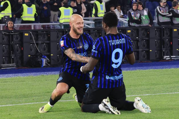Lazio v Inter Milan - Italian Cup final match ROME, ITALY, MAY 13: Marcus Thuram (R), of Inter Milan, celebrates with his teammate Federico Dimarco (L) after scoring during the Italian Cup football final match between Lazio and Inter Milan at the Olympic stadium in Rome, Italy, on May 13, 2026. Riccardo De Luca Anadolu Rome Italy. Editorial use only. Please get in touch for any other usage.  Copyright: x2026xAnadoluxRiccardoxDexLucax