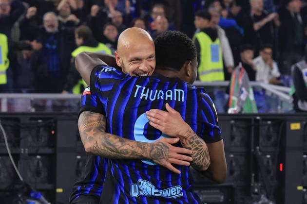 Lazio v Inter Milan - Italian Cup final match ROME, ITALY, MAY 13: Marcus Thuram (R), of Inter Milan, celebrates with his teammate Federico Dimarco (L) after scoring during the Italian Cup football final match between Lazio and Inter Milan at the Olympic stadium in Rome, Italy, on May 13, 2026. Riccardo De Luca Anadolu Rome Italy. Editorial use only. Please get in touch for any other usage.  Copyright: x2026xAnadoluxRiccardoxDexLucax