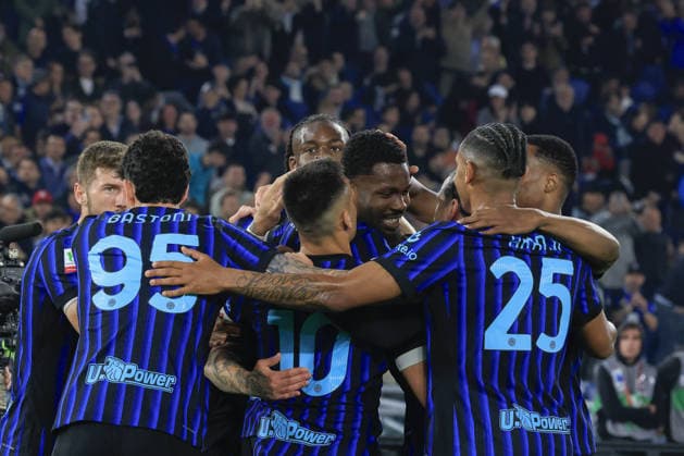 Lazio v Inter Milan - Italian Cup final match ROME, ITALY, MAY 13: Marcus Thuram (C), of Inter Milan, celebrates with his teammates after scoring during the Italian Cup football final match between Lazio and Inter Milan at the Olympic stadium in Rome, Italy, on May 13, 2026. Riccardo De Luca Anadolu Rome Italy. Editorial use only. Please get in touch for any other usage.  Copyright: x2026xAnadoluxRiccardoxDexLucax