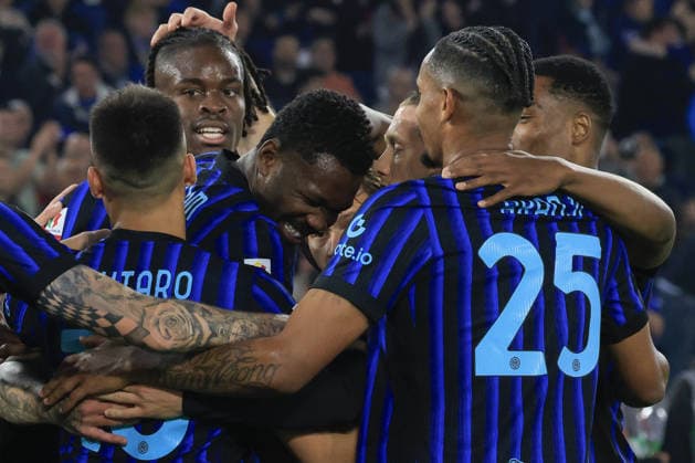 Lazio v Inter Milan - Italian Cup final match ROME, ITALY, MAY 13: Marcus Thuram (C), of Inter Milan, celebrates with his teammates after scoring during the Italian Cup football final match between Lazio and Inter Milan at the Olympic stadium in Rome, Italy, on May 13, 2026. Riccardo De Luca Anadolu Rome Italy. Editorial use only. Please get in touch for any other usage.  Copyright: x2026xAnadoluxRiccardoxDexLucax