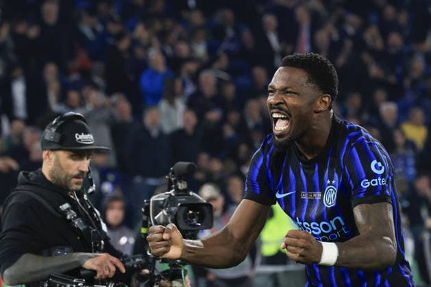 Lazio v Inter Milan - Italian Cup final match ROME, ITALY, MAY 13: Marcus Thuram, of Inter Milan, celebrates after scoring during the Italian Cup football final match between Lazio and Inter Milan at the Olympic stadium in Rome, Italy, on May 13, 2026. Riccardo De Luca Anadolu Rome Italy. Editorial use only. Please get in touch for any other usage.  Copyright: x2026xAnadoluxRiccardoxDexLucax