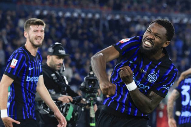 Lazio v Inter Milan - Italian Cup final match ROME, ITALY, MAY 13: Marcus Thuram, of Inter Milan, celebrates after scoring during the Italian Cup football final match between Lazio and Inter Milan at the Olympic stadium in Rome, Italy, on May 13, 2026. Riccardo De Luca Anadolu Rome Italy. Editorial use only. Please get in touch for any other usage.  Copyright: x2026xAnadoluxRiccardoxDexLucax