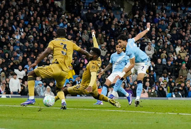 Manchester, England, 13th May 2026. Omar Marmoush of Manchester City scores their second goal during the Manchester City vs Crystal Palace Premier League match at the Etihad Stadium, Manchester. Picture credit should read: Andrew Yates Sportimage EDITORIAL USE ONLY. No use with unauthorised audio, video, data, fixture lists, club league logos or live services. Online in-match use limited to 120 images, no video emulation. No use in betting, games or single club league player publications. SPI_036_AY_Man_City_Palace SPI-4799-0035