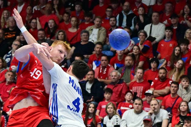 L-R Daniel Blaha (CZE) and Aymeric Minne (FRA) in action during the World Handball Championship qualification playoff men s match: Czechia vs France in Brno, Czech Republic, May 13, 2026. (CTKxPhoto VaclavxSalek) CTKPhotoP2026051309463  CTKPhotoP2026051309463