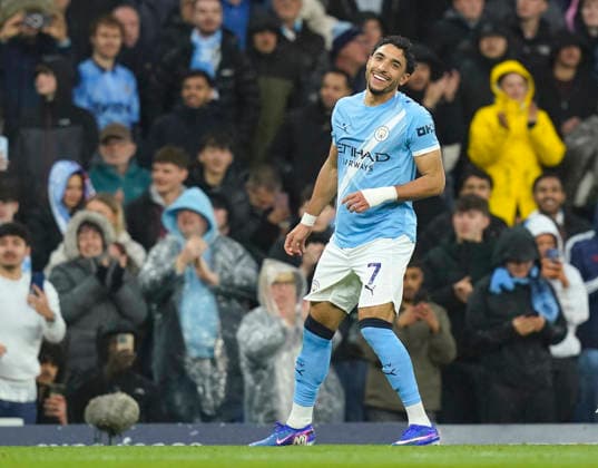 Manchester, England, 13th May 2026. Omar Marmoush of Manchester City celebrates scoring their second goal during the Manchester City vs Crystal Palace Premier League match at the Etihad Stadium, Manchester. Picture credit should read: Andrew Yates Sportimage EDITORIAL USE ONLY. No use with unauthorised audio, video, data, fixture lists, club league logos or live services. Online in-match use limited to 120 images, no video emulation. No use in betting, games or single club league player publications. SPI_042_AY_Man_City_Palace SPI-4799-0041