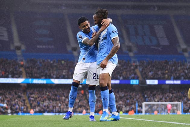 Football - Premier League - Manchester City v Crystal Palace 13th May 2026 - Premier League - Manchester City v Crystal Palace - Antoine Semenyo of Manchester City celebrates scoring the opening goal with Savinho - Photo: Simon Stacpoole Offside. Manchester UK Copyright: xSimonxStacpoolexOffside