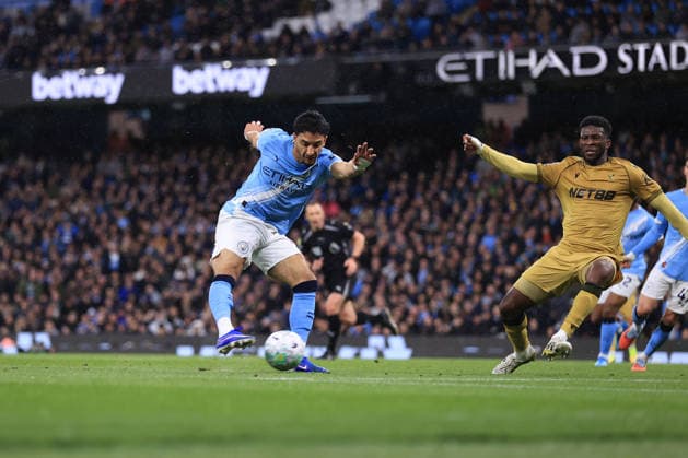 Football - Premier League - Manchester City v Crystal Palace 13th May 2026 - Premier League - Manchester City v Crystal Palace - Omar Marmoush of Manchester City scores their 2nd goal - Photo: Simon Stacpoole Offside. Manchester UK Copyright: xSimonxStacpoolexOffside