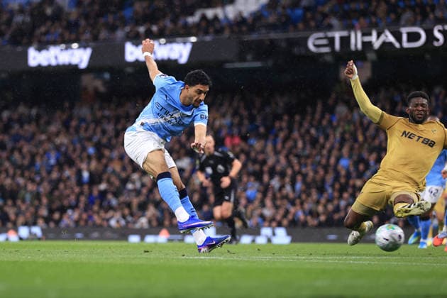 Football - Premier League - Manchester City v Crystal Palace 13th May 2026 - Premier League - Manchester City v Crystal Palace - Omar Marmoush of Manchester City scores their 2nd goal - Photo: Simon Stacpoole Offside. Manchester UK Copyright: xSimonxStacpoolexOffside