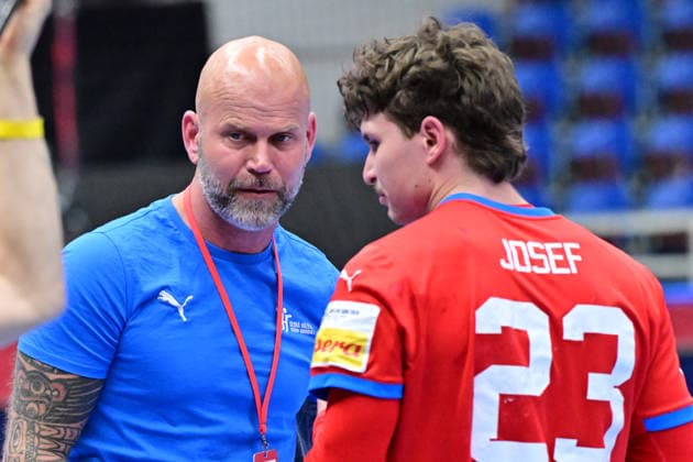 L-R Coach Michal Bruna and player Jonas Josef (both CZE) during the World Handball Championship qualification playoff men s match: Czechia vs France in Brno, Czech Republic, May 13, 2026. (CTKxPhoto VaclavxSalek) CTKPhotoP2026051309558  CTKPhotoP2026051309558