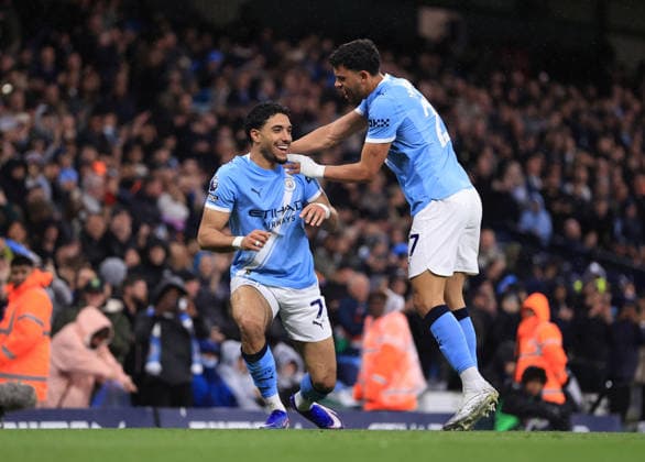 Football - Premier League - Manchester City v Crystal Palace 13th May 2026 - Premier League - Manchester City v Crystal Palace - Omar Marmoush of Manchester City celebrates scoring their 2nd goal with Matheus Nunes - Photo: Simon Stacpoole Offside. Manchester UK Copyright: xSimonxStacpoolexOffside