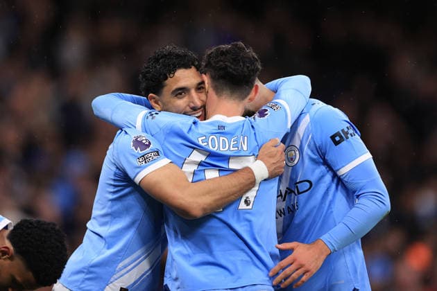 Football - Premier League - Manchester City v Crystal Palace 13th May 2026 - Premier League - Manchester City v Crystal Palace - Omar Marmoush of Manchester City celebrates scoring their 2nd goal with his teammates - Photo: Simon Stacpoole Offside. Manchester UK Copyright: xSimonxStacpoolexOffside