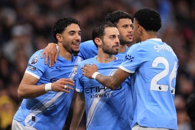 Football - Premier League - Manchester City v Crystal Palace 13th May 2026 - Premier League - Manchester City v Crystal Palace - Omar Marmoush of Manchester City celebrates scoring their 2nd goal with his teammates - Photo: Simon Stacpoole Offside. Manchester UK Copyright: xSimonxStacpoolexOffside