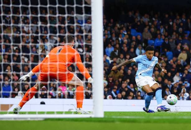 Savinho of Manchester City scores a goal to make it 3-0 Manchester City v Crystal Palace, Premier League, Football, Etihad Stadium, Manchester , UK - 13 May 2026Manchester Etihad Stadium United Kingdom EDITORIAL USE ONLY No use with unauthorised audio, video, data, fixture lists, club league logos or live services. Online in-match use limited to 120 images, no video emulation. No use in betting, games or single club league player publications.  Copyright: xMattxWest Shutterstockx 16871265q