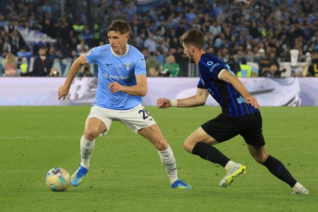Lazio v Inter Milan - Italian Cup final match ROME, ITALY, MAY 13: Toma Basic (L), of Lazio, is challenged by Petar Sucic (R), of Inter Milan, during the Italian Cup football final match between Lazio and Inter Milan at the Olympic stadium in Rome, Italy, on May 13, 2026. Riccardo De Luca Anadolu Rome Italy. Editorial use only. Please get in touch for any other usage.  Copyright: x2026xAnadoluxRiccardoxDexLucax