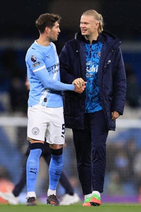 Football - Premier League - Manchester City v Crystal Palace 13th May 2026 - Premier League - Manchester City v Crystal Palace - John Stones and Erling Haaland of Manchester City - Photo: Simon Stacpoole Offside. Manchester UK Copyright: xSimonxStacpoolexOffside
