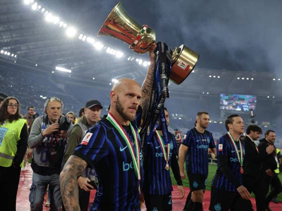 Coppa Italia final SS Lazio and FC Internazionale Inter™s Italian defender Federico Dimarco Celebrate victory trophy during the Coppa Italia final between SS Lazio and FC Internazionale at the Stadio Olimpico in Rome on 13 May 2026. ABP10591 Copyright: xAntonioxBalascox