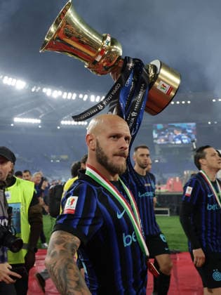 Coppa Italia final SS Lazio and FC Internazionale Inter™s Italian defender Federico Dimarco Celebrate victory trophy during the Coppa Italia final between SS Lazio and FC Internazionale at the Stadio Olimpico in Rome on 13 May 2026. ABP10597 Copyright: xAntonioxBalascox