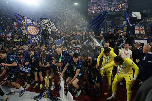 Coppa Italia final SS Lazio and FC Internazionale Inter Celebrate victory trophy during the Coppa Italia final between SS Lazio and FC Internazionale at the Stadio Olimpico in Rome on 13 May 2026. ABP10741 Copyright: xAntonioxBalascox