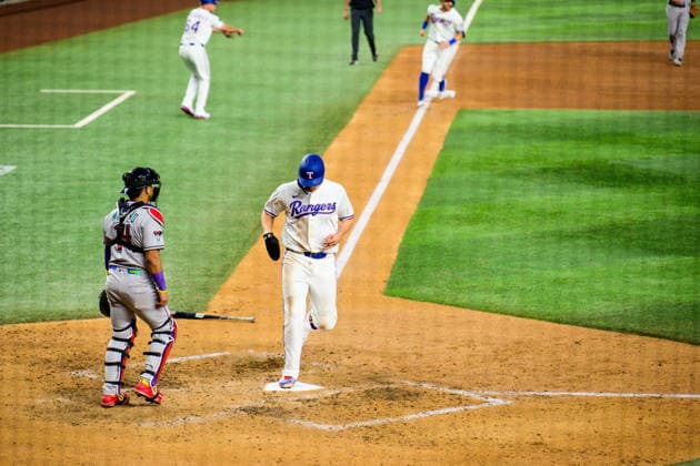 May 12, 2026, Arlington, Texas, USA: Texas Rangers shortstop COREY SEAGER (5) scores a run during the fifth inning of the game between the Texas Rangers and the Arizona Diamondbacks. Texas Rangers Win 7-4  - ZUMAm348 20260512_znp_m348_014 Copyright: xLuisxRevillaxMatax