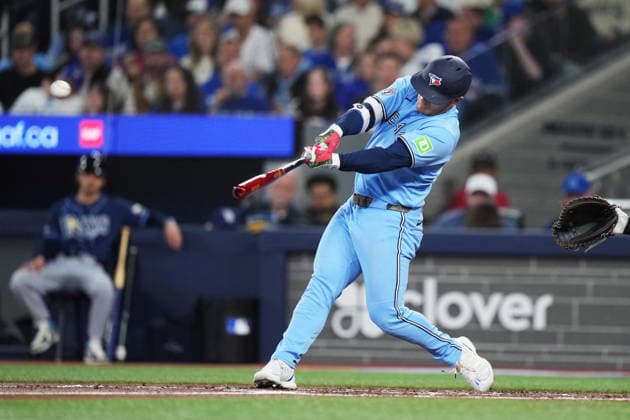 May 13, 2026, Toronto, On, CANADA: Toronto Blue Jays Daulton Varsho (5) lines out against the Tampa Bay Rays during second inning MLB, Baseball Herren, USA baseball action in Toronto on Wednesday, May 13, 2026. Canada News - May 13, 2026  - ZUMAc35_ 20260513_zaf_c35_151 Copyright: xNathanxDenettex