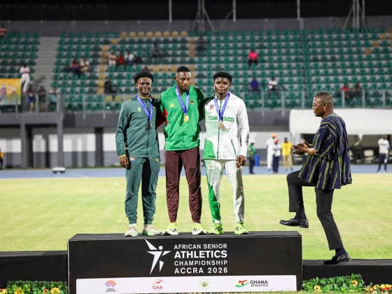 R-L Bradley Nkoana, Emmanuel Alowede Eseme and ChIdera Ezeakor during medal ceremony at The 24th African Senior Athletics Championships (ASAC) 2026 in Accra, Ghana, at the University of Ghana Sports Stadium from May 12 2026 Copyright: xChristopherxOnahx