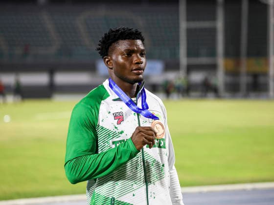 R-L Bradley Nkoana, Emmanuel Alowede Eseme and ChIdera Ezeakor during medal ceremony at The 24th African Senior Athletics Championships (ASAC) 2026 in Accra, Ghana, at the University of Ghana Sports Stadium from May 12 2026 Copyright: xChristopherxOnahx