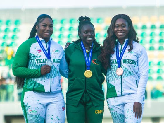 Divine Oladipupo (Nigeria) x Nora Atim Monie (Cameroon) x Obiageri Ameachi (Nigeria) made the podium finish in the women s Discus event at the 2026 African Senior Athletics Championship in Accra, Ghana. Photo by Adeniyi Muyiwa Copyright: xAdeniyixMuyiwax