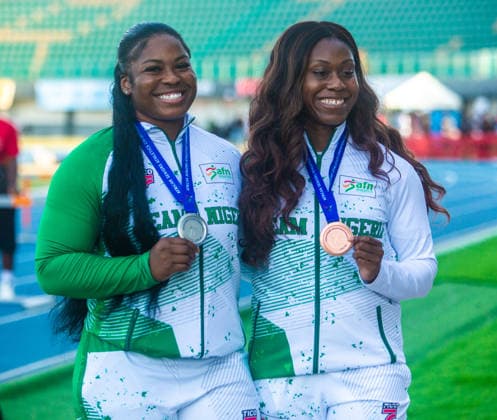 Divine Oladipupo x Obiageri Ameachi (Nigeria) captured after medal presentation of the women s Discus event at the 2026 African Senior Athletics Championship in Accra, Ghana. Photo by Adeniyi Muyiwa Copyright: xAdeniyixMuyiwax