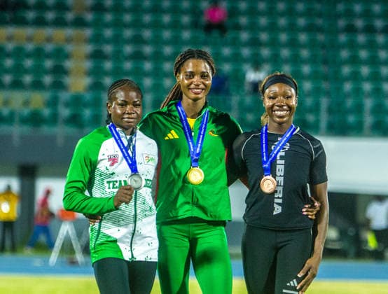 Rosemary Chukwuma (Nigeria) x Herverge Kole Etame (Cameroon) x Thelma Davies (Liberia) in action after the medal presentation for the Women s 100m final, at the 2026 African Senior Athletics Championship in Accra, Ghana. Photo by Adeniyi Muyiwa Copyright: xAdeniyixMuyiwax
