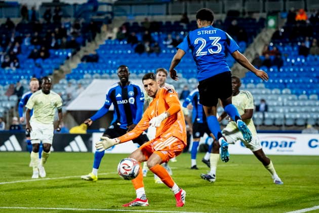 May 13, 2026, Montreal, Pq, Canada: Portland Timbers goalkeeper James Pantemis (41) makes a save on CF Montreal s Noah Streit (23) during second half MLS, Fussball Herren, USA soccer action in Montreal on Wednesday, May 13, 2026. Canada News - May 13, 2026  - ZUMAc35_ 20260513_zaf_c35_190 Copyright: xChristopherxKatsarovx