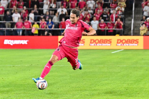 ST. LOUIS, MO - MAY 13: Simon Becher (11) of the St. Louis CITY SC runs up to the ball during the MLS, Fussball Herren, USA regular season match where St. Louis CITY SC hosted Los Angeles Football Club on Wednesday May 13th, 2026, at Energizer Park in St. Louis City, MO. (Photo by Rick Ulreich Icon Sportswire) SOCCER: MAY 13 MLS St. Louis CITY SC vs Los Angeles Football Club EDITORIAL USE ONLY Icon26051328