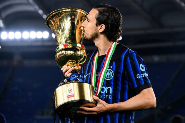 Matteo Darmian of FC Internazionale celebrates with the trophy at the end of the 2025 2026 Coppa Italia football final between SS Lazio and FC Internazionale at Stadio Olimpico in Rome (Italy), May 13, 2026. AndreaxStaccioli