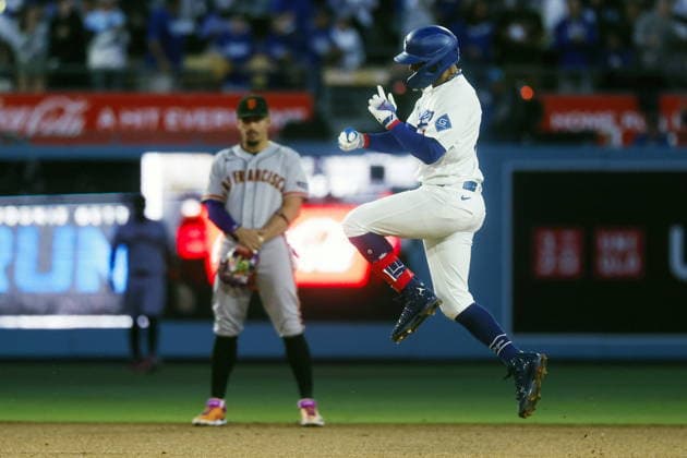 MLB, Baseball Herren, USA - Los Angeles Dodgers vs San Francisco Giants Dodgers shortstop Mookie Betts celebrates after hitting a home run in the third inning of an MLB game between the Los Angeles Dodgers and the San Francisco Giants at Uniqlo Field at Dodger Stadium in Los Angeles, California, USA, 13 May 2026. LOS ANGELES CALIFORNIA United States  Copyright: xCHRISxTORRESx