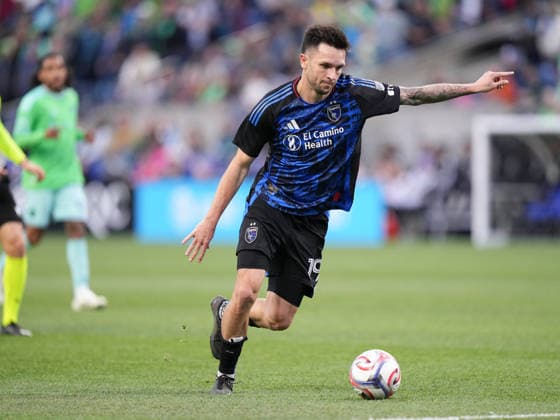SEATTLE, WA - May 13, 2026: San Jose forward Preston Judd 19 takes a shot on goal during an MLS, Fussball Herren, USA match between the Seattle Sounders and the San Jose Earthquakes on May 13, 2026 at Lumen Field in Seattle, WA. (Photo by Jeff Halstead Icon Sportswire) . SOCCER: MAY 13 MLS Seattle Sounders FC vs San Jose Earthquakes EDITORIAL USE ONLY Icon260513014