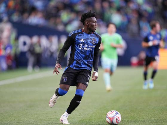 SEATTLE, WA - May 13, 2026: San Jose forward Ousseni Bouda 7 controls the ball during an MLS, Fussball Herren, USA match between the Seattle Sounders and the San Jose Earthquakes on May 13, 2026 at Lumen Field in Seattle, WA. (Photo by Jeff Halstead Icon Sportswire) . SOCCER: MAY 13 MLS Seattle Sounders FC vs San Jose Earthquakes EDITORIAL USE ONLY Icon260513016