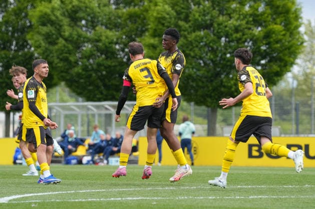 Donnerstag, 14.05.2026 Saison 2025 2026 Finale U17, U 17 Westfalenpokal im BVB Fußballpark Hohenbuschei, Dortmund, Germany. BV Borussia Dortmund U17 - VfL Bochum U17. Torjubel nach dem 1:1 durch Idriss Junior Jeremi Coulibaly (BVB).