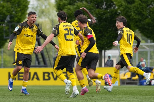 Donnerstag, 14.05.2026 Saison 2025 2026 Finale U17, U 17 Westfalenpokal im BVB Fußballpark Hohenbuschei, Dortmund, Germany. BV Borussia Dortmund U17 - VfL Bochum U17. Torjubel nach dem 1:1 durch Idriss Junior Jeremi Coulibaly (BVB).