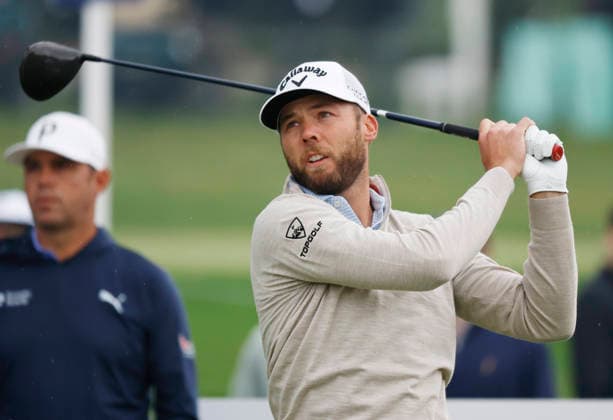 Sam Burns tees off on the 11th hole during the first round of the 2026 PGA, Golf Herren Championship at Aronimink Golf Club in Newtown Square, Pennsylvania, on Thursday, May 14, 2026.  PHI20260514812 LAURENCExKESTERSON