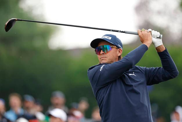 Rickie Fowler watches his tee shot on the 11th hole during the first round of the 2026 PGA, Golf Herren Championship at Aronimink Golf Club in Newtown Square, Pennsylvania, on Thursday, May 14, 2026.  PHI20260514821 LAURENCExKESTERSON