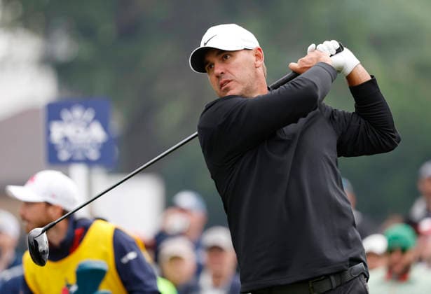 Brooks Koepka watches his tee shot on the 11th hole during the first round of the 2026 PGA, Golf Herren Championship at Aronimink Golf Club in Newtown Square, Pennsylvania, on Thursday, May 14, 2026.  PHI20260514825 LAURENCExKESTERSON