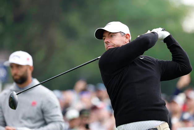 Rory McIlroy of Northern Ireland tees off on the 11th hole during the first round of the 2026 PGA, Golf Herren Championship at Aronimink Golf Club in Newtown Square, Pennsylvania, on Thursday, May 14, 2026.  PHI20260514829 LAURENCExKESTERSON