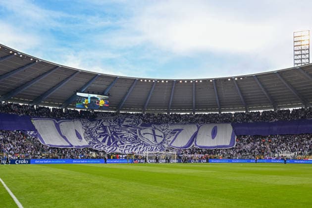 260514 Cupfinal Royale Union Saint-Gilloise vs RSC Anderlecht fans and supporters of Anderlecht pictured with a tifo during the Croky Cup final 2026 between Royale Union Saint-Gilloise and RSC Anderlecht on May 14 , 2026 in Brussels, Belgium. (Photo by David Catry Isosport) Brussels Belgium  Copyright: xDavidxCatryx 20260514DC2_5300