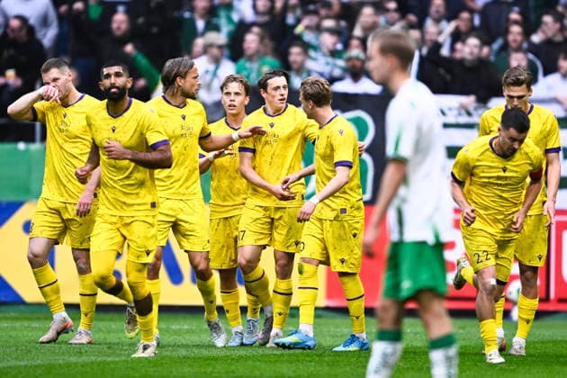 STOCKHOLM, SWEDEN 20260514 Mjällby s Elliot Stroud 17 celebrates his goal, 1-0, with teammates during Thursday s final in the Swedish Cup between Mjällby AIF and Hammarby at the National Arena, Strawberry Arena. STOCKHOLM SWEDEN x10430x