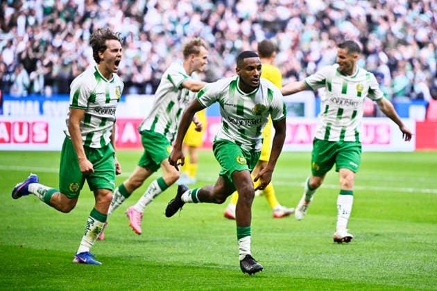 STOCKHOLM, SWEDEN 20260514 Hammarby s Paulos Abraham celebrates his goal, 1-1, during Thursday s final in the Swedish Cup between Mjällby AIF and Hammarby at the National Arena, Strawberry Arena. STOCKHOLM SWEDEN x10430x