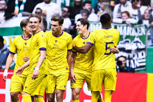 STOCKHOLM, SWEDEN 20260514 Mjällby s Elliot Stroud 17 celebrates his goal, 1-0, with teammates during Thursday s final in the Swedish Cup between Mjällby AIF and Hammarby at the National Arena, Strawberry Arena. STOCKHOLM SWEDEN x10430x