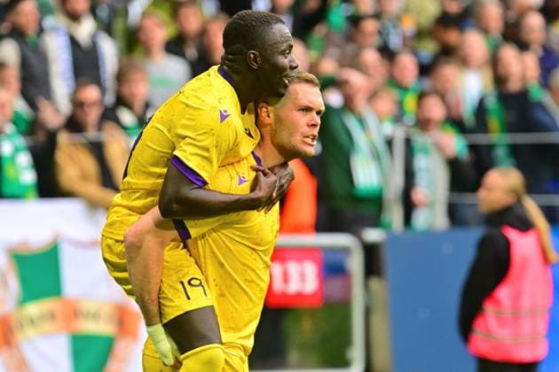 Strawberry Arena SOLNA, SWEDEN - MAY 14: Jacob Bergstrom of Mjallby AIF and Abdoulie Manneh of Mjallby AIF celebrates goal in the Swedish Cup final between Mjallby AIF and Hammarby IF at Strawberry Arena on May 14, 2026 in Solna, Sweden. (Peter Sonander SPP) Copyright: xPeterxSonander SPPx Sportspressphoto_SPR146171