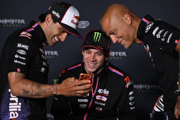Ahead of MotoGP Catalonia Grand Prix BARCELONA, SPAIN - MAY 14: Jorge Martin (L) and Marco Bezzecchi (C) of the Aprilia Racing attend press conference, PK, Pressekonferenz ahead of the Catalonia Grand Prix, sixth round of the 2026 MotoGP World Championship, WM, Weltmeisterschaft held at the 4.66-kilometer Circuit de Barcelona-Catalunya in Barcelona, Spain on May 14, 2026. Burak Akbulut Anadolu Catalonia Spain. Editorial use only. Please get in touch for any other usage.  Copyright: x2026xAnadoluxBurakxAkbulutx